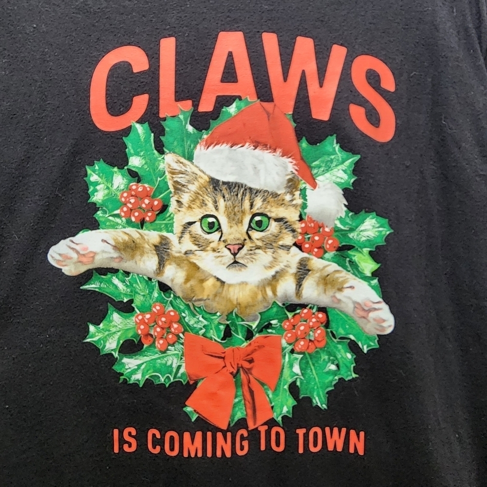 Christmas Cat T-shirt Men's 2XL Claws Is Coming To Town Holiday Time Black XXL
